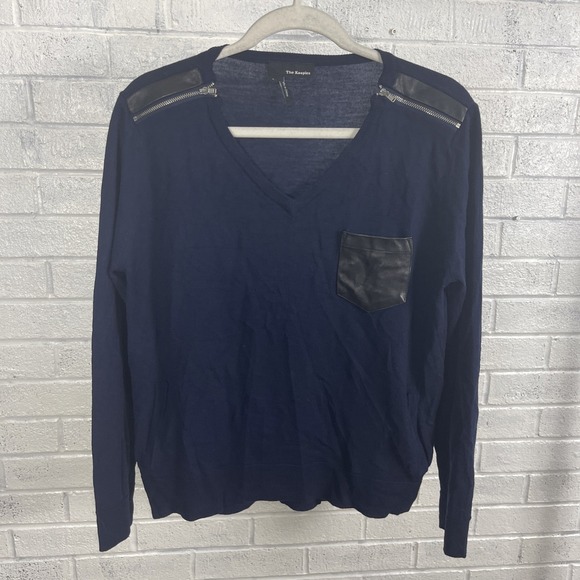 The Kooples Sweaters - The Kooples Merino Wool Navy V Neck Sweater Womens Size L Leather Details